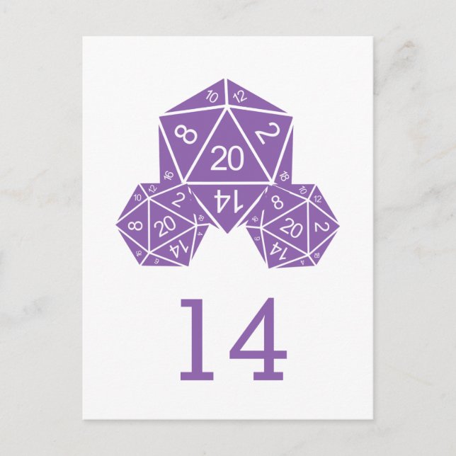 Purple D20 Dice Table Number Postcard (Front)
