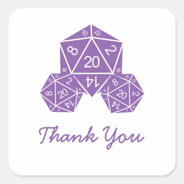 Purple D20 Dice Thank You Stickers (Front)