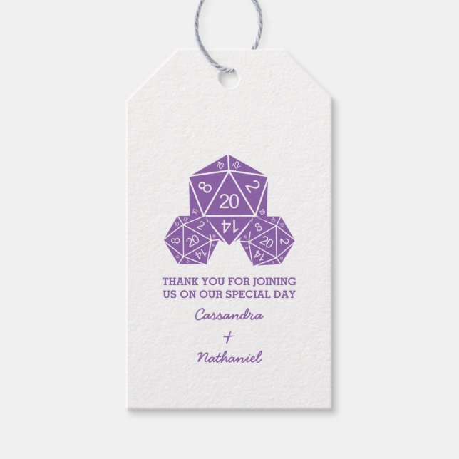 Purple D20 Dice Wedding Gift Tags (Front)