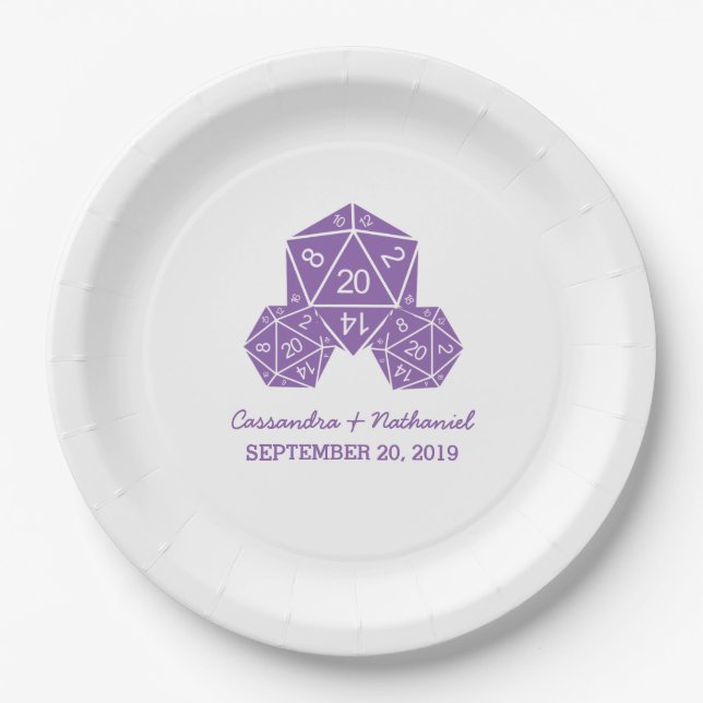 Purple D20 Dice Wedding Paper Plates (Front)