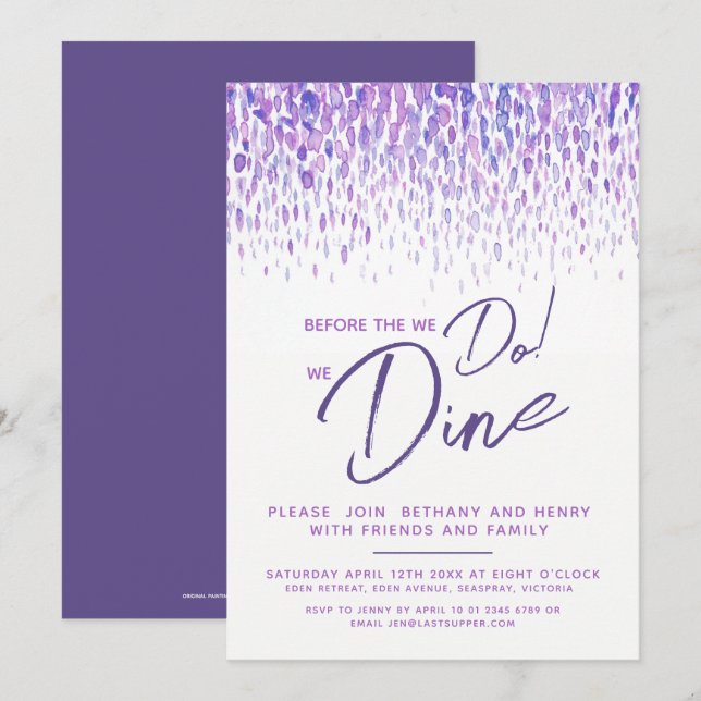 Purple dab art rehearsal dinner before we do invitation (Front/Back)