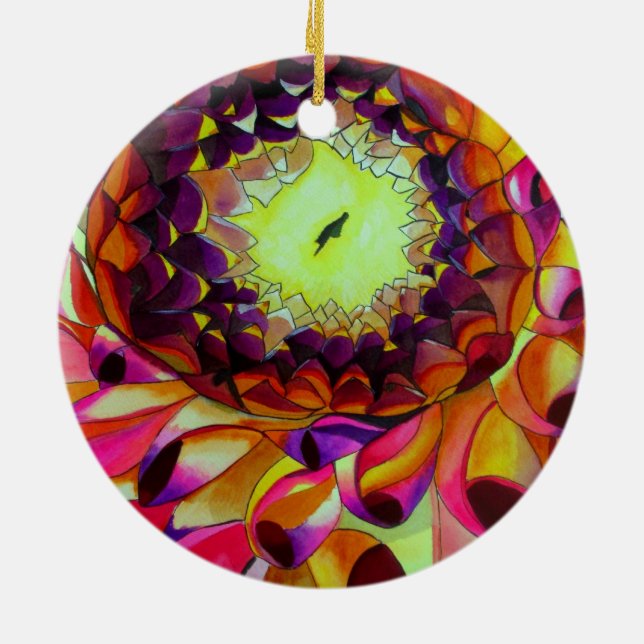 Purple Dahlia abstract original flower art Ceramic Tree Decoration (Back)