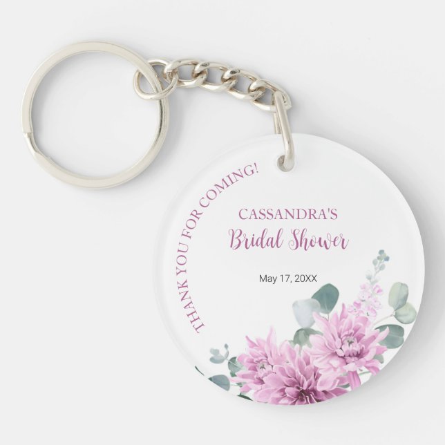 Purple Dahlia Eucalyptus Botanical Bridal Shower  Key Ring (Front)
