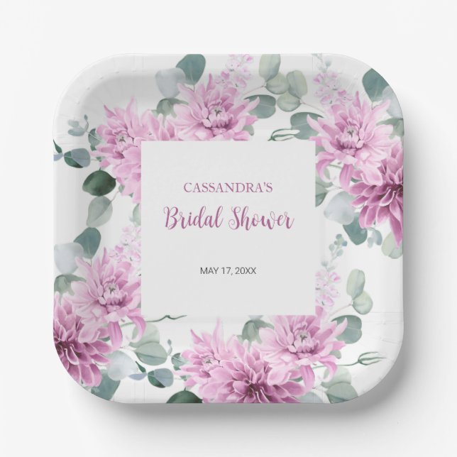 Purple Dahlia Eucalyptus Botanical Bridal Shower  Paper Plate (Front)