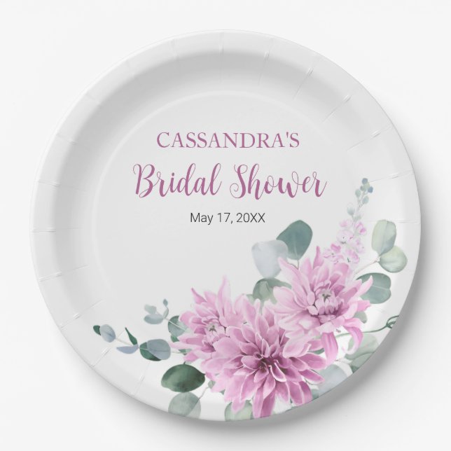 Purple Dahlia Eucalyptus Greenery Bridal Shower  Paper Plate (Front)
