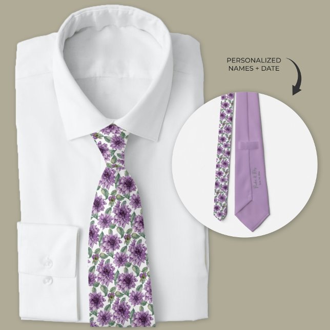 Purple Dahlia Floral Personalised Groomsmen Tie (Purple dahlia floral personalized wedding tie for groomsmen)