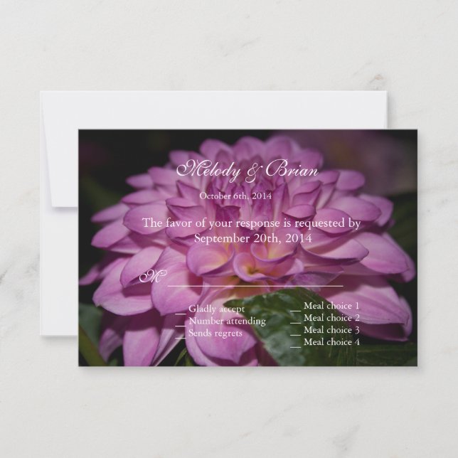 purple dahlia flower RSVP wedding invitation (Front)