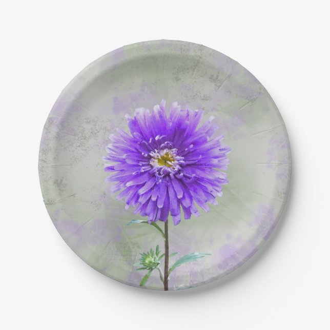 Purple dahlia watercolor paper plate (Front)