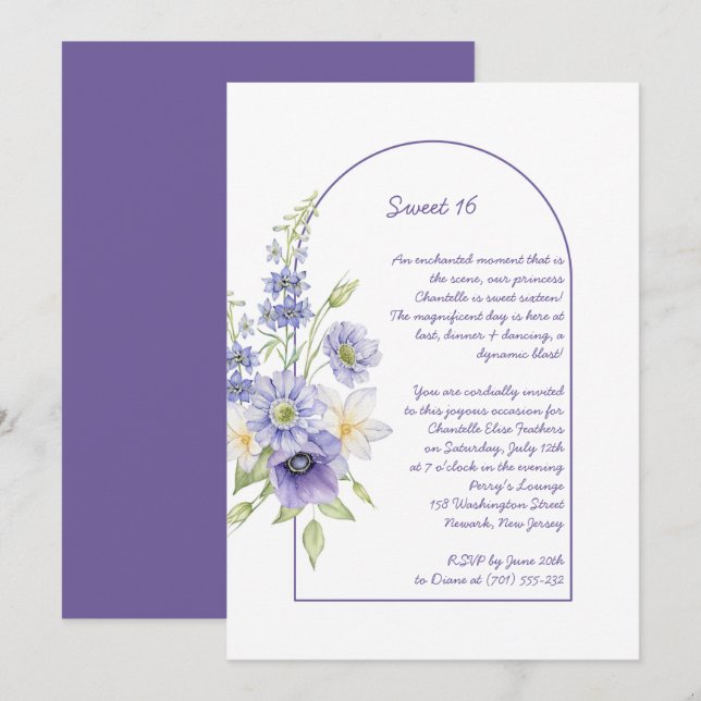 Purple Daisies, Anemones, Floral Arch Sweet 16 Invitation (Front/Back)