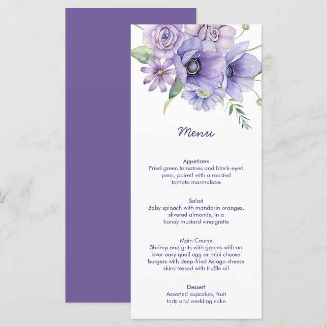 Purple Daisies, Anemones, Roses Floral Menu (Front/Back)