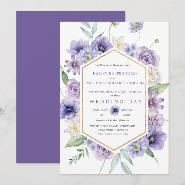 Purple Daisies, Anemones, Roses Floral Wedding | Invitation (Front/Back)
