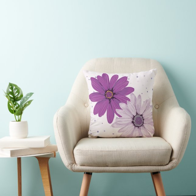 Purple Daisies & Dots | Custom Floral Throw Pillow (Chair)