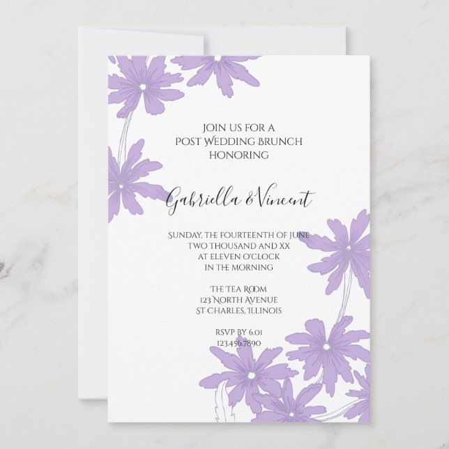 Purple Daisies on White Post Wedding Brunch Invitation (Front)