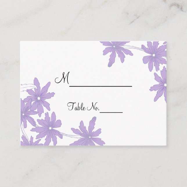 Purple Daisies on White Wedding Place Cards (Front)