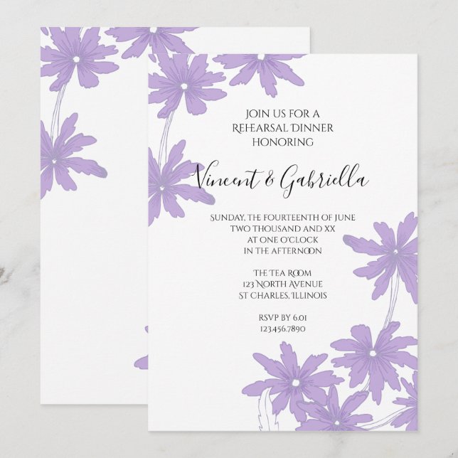 Purple Daisies on White Wedding Rehearsal Dinner Invitation (Front/Back)