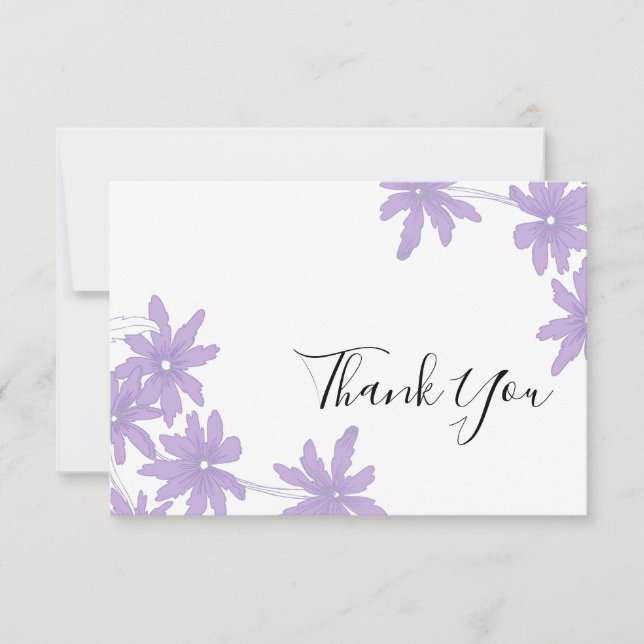 Purple Daisies on White Wedding Thank You Card (Front)