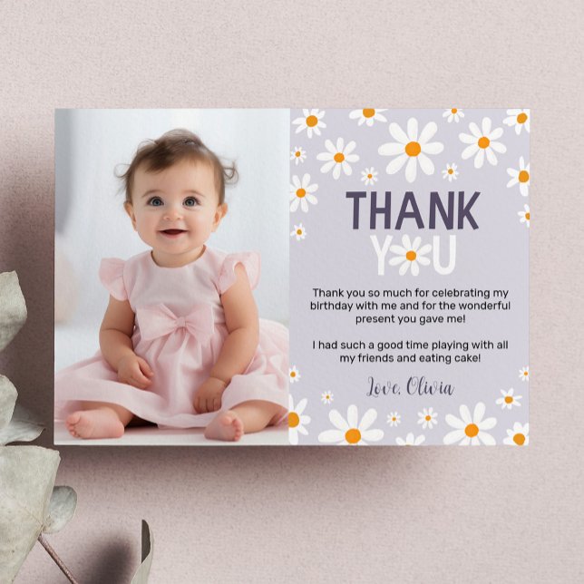 Purple Daisy 1st Birthday Photo Thank You Card (Creator Uploaded)