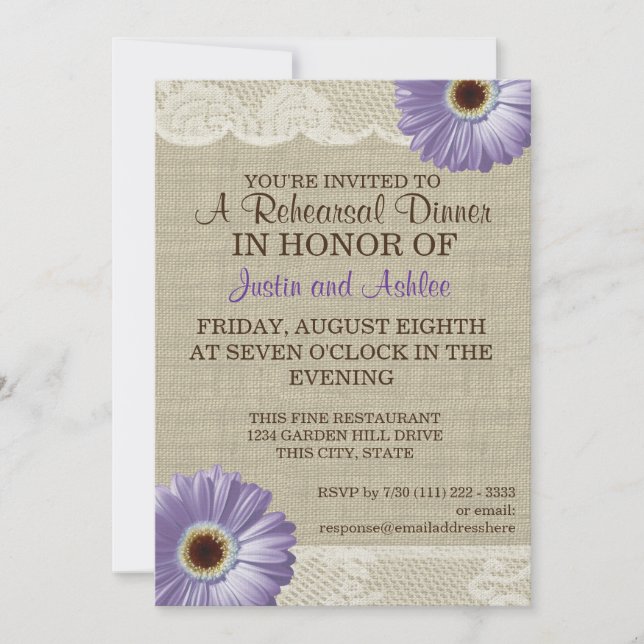 Purple Daisy and Lace Rehearsal Dinner Party Invitation (Front)