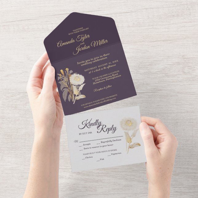 Purple Daisy Antique Wedding All In One Invitation (Tearaway)