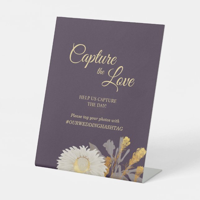 Purple Daisy Antique Wedding Capture the Love Pedestal Sign (Front)