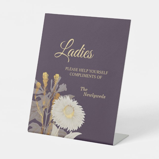 Purple Daisy Antique Wedding Ladies Bathroom Pedestal Sign (Front)