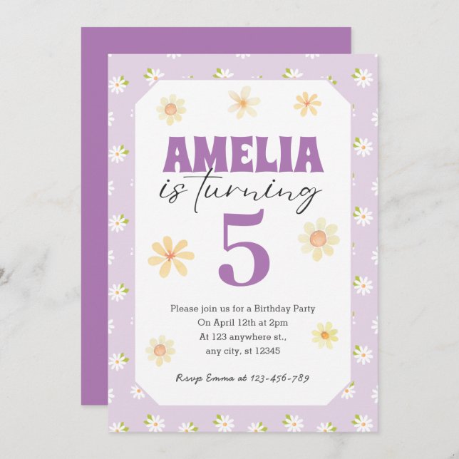 Purple Daisy Birthday Party Invitation Any Age (Front/Back)