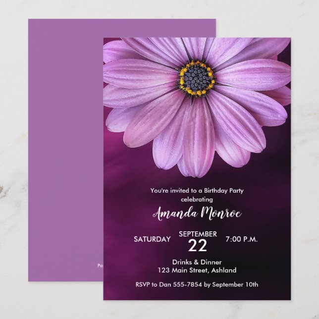 Purple Daisy Birthday Party Invitations (Front/Back)