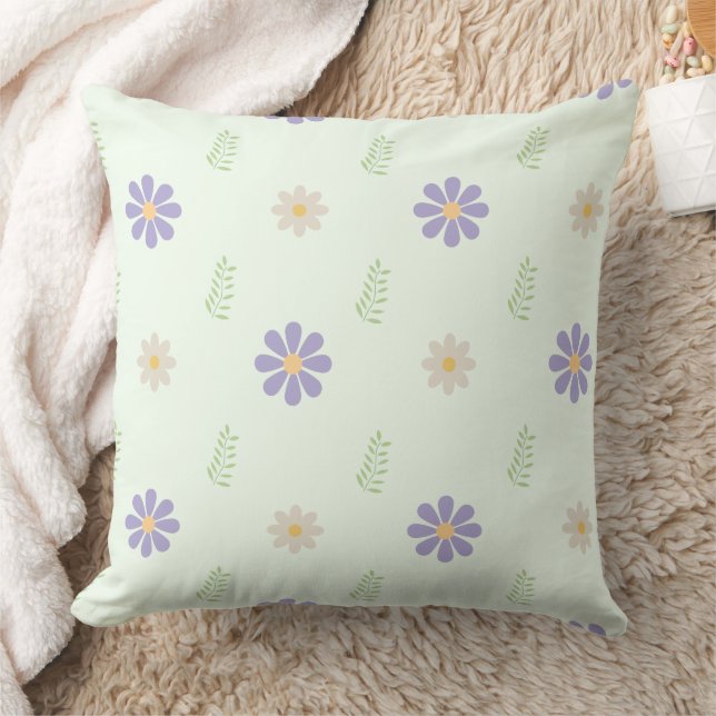 Purple Daisy & Fern Sprig Pattern Cushion (Blanket)