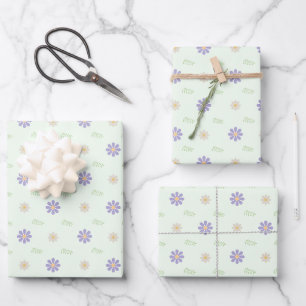 Purple Daisy & Fern Sprig Pattern Wrapping Paper Sheet