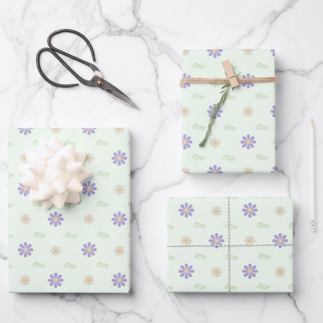 Purple Daisy & Fern Sprig Pattern Wrapping Paper Sheet (Front)