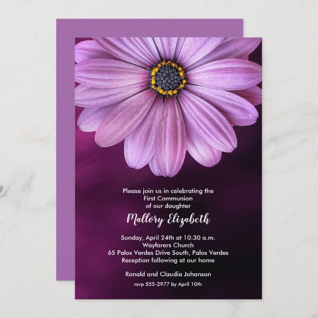 Purple Daisy First Communion Invitations (Front/Back)