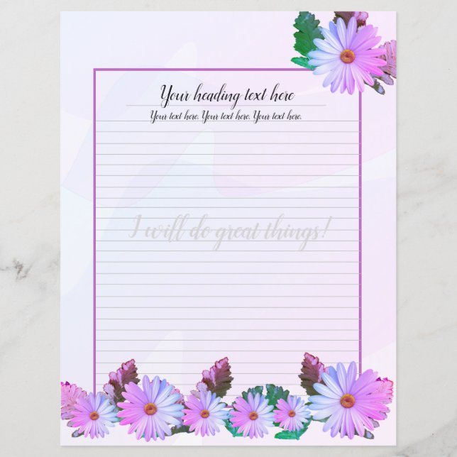 Purple Daisy Floral Lined Writing Paper (Front)