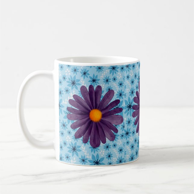 Purple Daisy Floral Pattern White Classic Mug (Left)