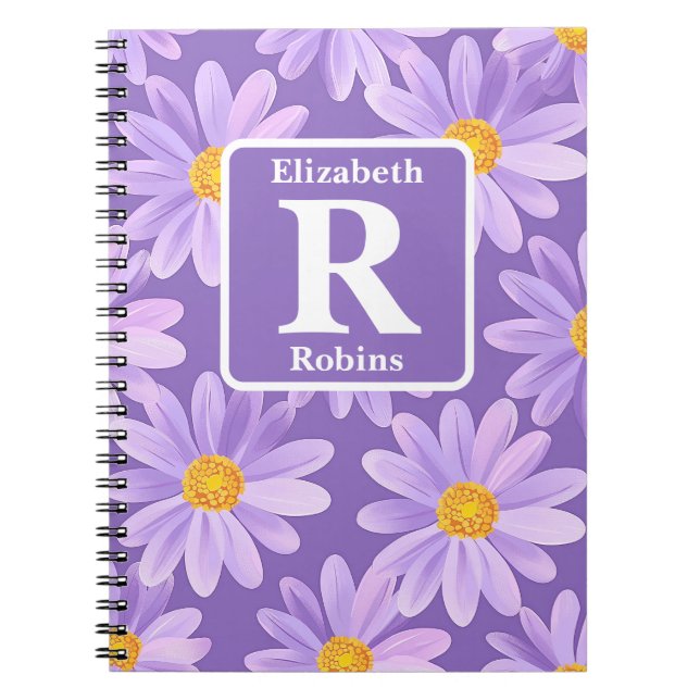 Purple Daisy flower blossoms personalised Monogram Notebook (Front)
