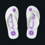 Purple Daisy Flower Girl Kid's Flip Flops<br><div class="desc">Bold and fun purple daisy and text design for your flower girl.  Personalise with a name or change text to suit your needs.</div>