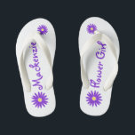 Purple Daisy Flower Girl Kid's Flip Flops<br><div class="desc">Bold and fun purple daisy and text design for your flower girl.  Personalise with a name or change text to suit your needs.</div>