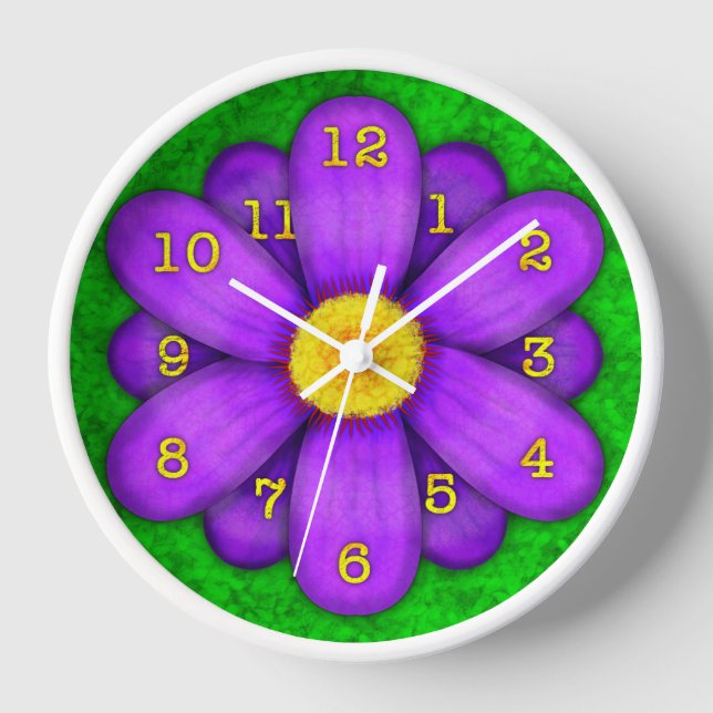 Purple Daisy Flower on Green Beautiful Wall Clock (Front)