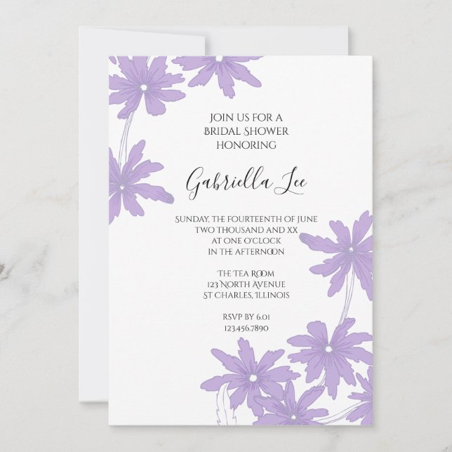Purple Daisy Flowers on White Bridal Shower Invitation (Front)