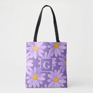 purple daisy flowers personalised monogram  tote bag