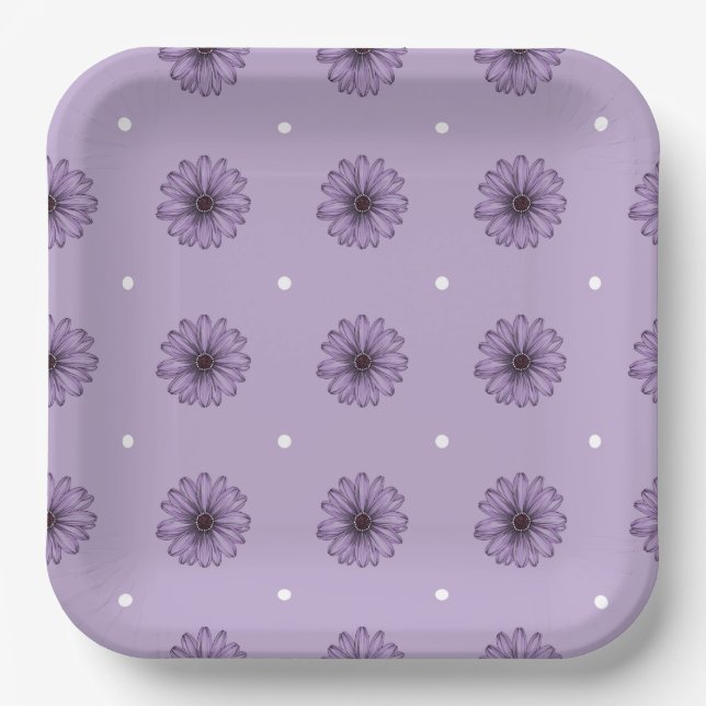 Purple daisy flowers polka dots botanical lilac pa paper plate (Front)
