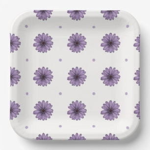 Purple daisy flowers polka dots fun botanical pape paper plate