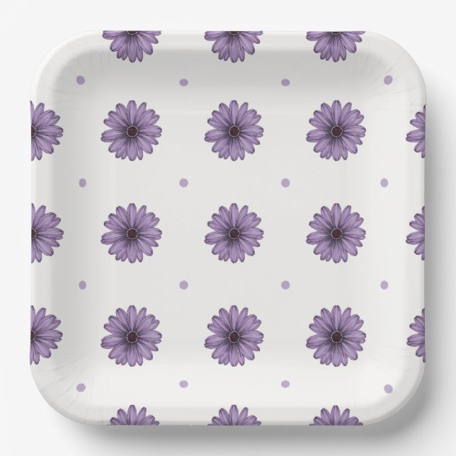 Purple daisy flowers polka dots fun botanical pape paper plate (Front)