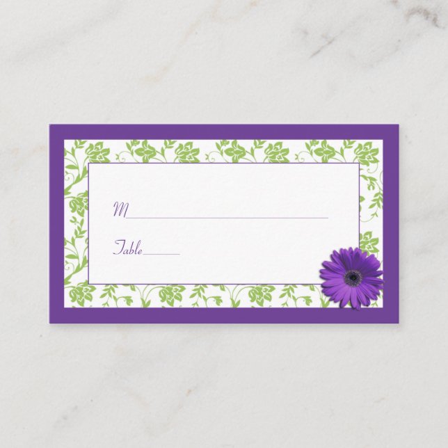 Purple Daisy Green Damask Wedding Place Cards (Front)