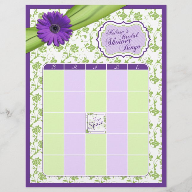 Purple Daisy Green Floral Bridal Shower Bingo (Front)