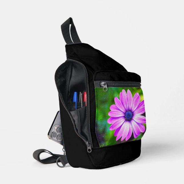 Purple Daisy on Black Sling Bag (Open)