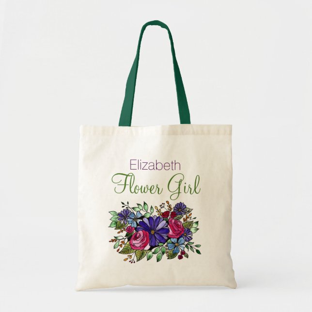 Purple Daisy Pink Rose Flower Name Flower Girl Tote Bag (Front)