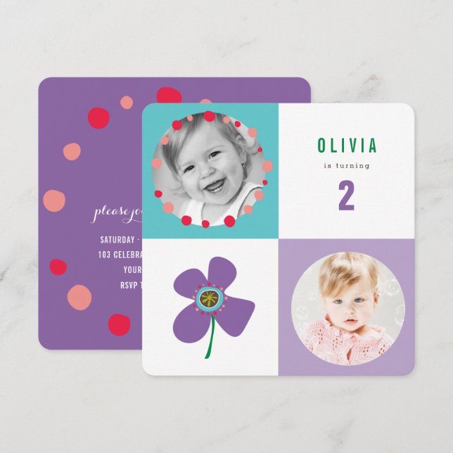 Purple Daisy Pop Square Girl Birthday Photo Invite (Front/Back)