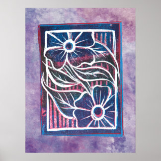Purple Daisy Printmaking Carving Artistic green Poster