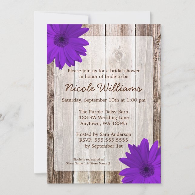 Purple Daisy Rustic Barn Wood Bridal Shower Invitation (Front)