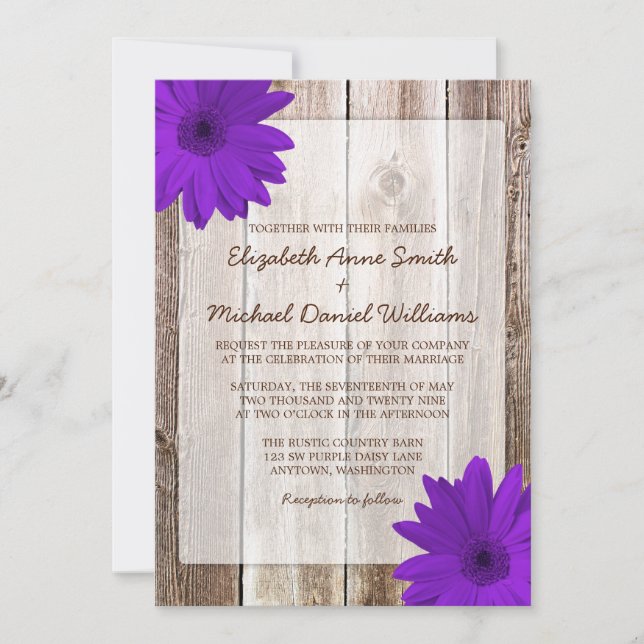 Purple Daisy Rustic Barn Wood Wedding Invitation (Front)